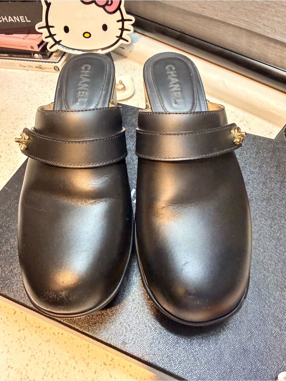 CHANEL Black Leather Slip-On Mules/Clogs with Gold CC Accent